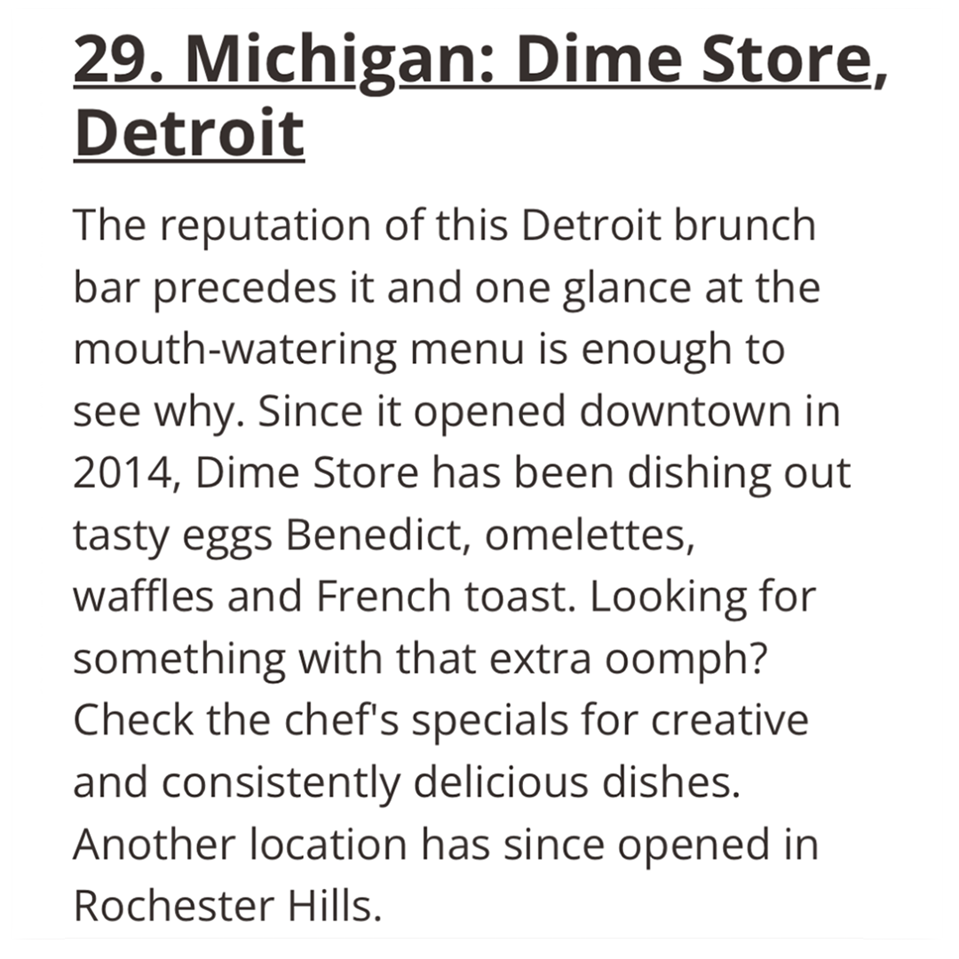 Best Brunch in Michigan is Dime Store in Detroit and Rochester Hills, According to LoveFood.com